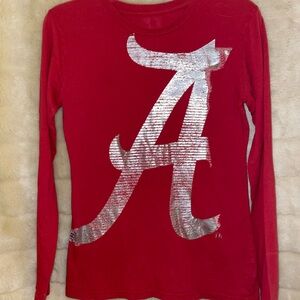 Red Long Sleeve Ladies Tee  Shirt with Silver Lettering